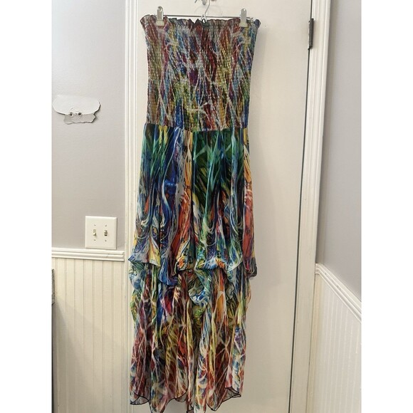 Alberto Makali L Multicolor Strapless Smocked Bodice Layered Maxi Dress Boho - Picture 8 of 11